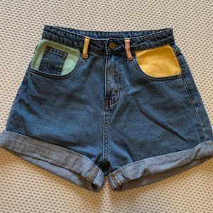 Princess Polly High Waisted Denim Shorts Color Block Size 2